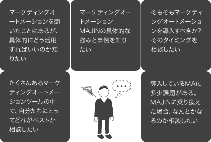 マーケティングオートメーションを聞いたことはあるが、具体的にどう活用すればいいのか知りたい マーケティングオートメーションMAJINの具体的な強みと事例を知りたい
そもそもマーケティングオートメーションを導入すべきか?そのタイミングを相談したい たくさんあるマーケティングオートメーションツールの中で、自分たちにとってどれがベストか相談したい 導入しているMAに多少課題がある。
MAJINに乗り換えた場合、なんとかなるのか相談したい